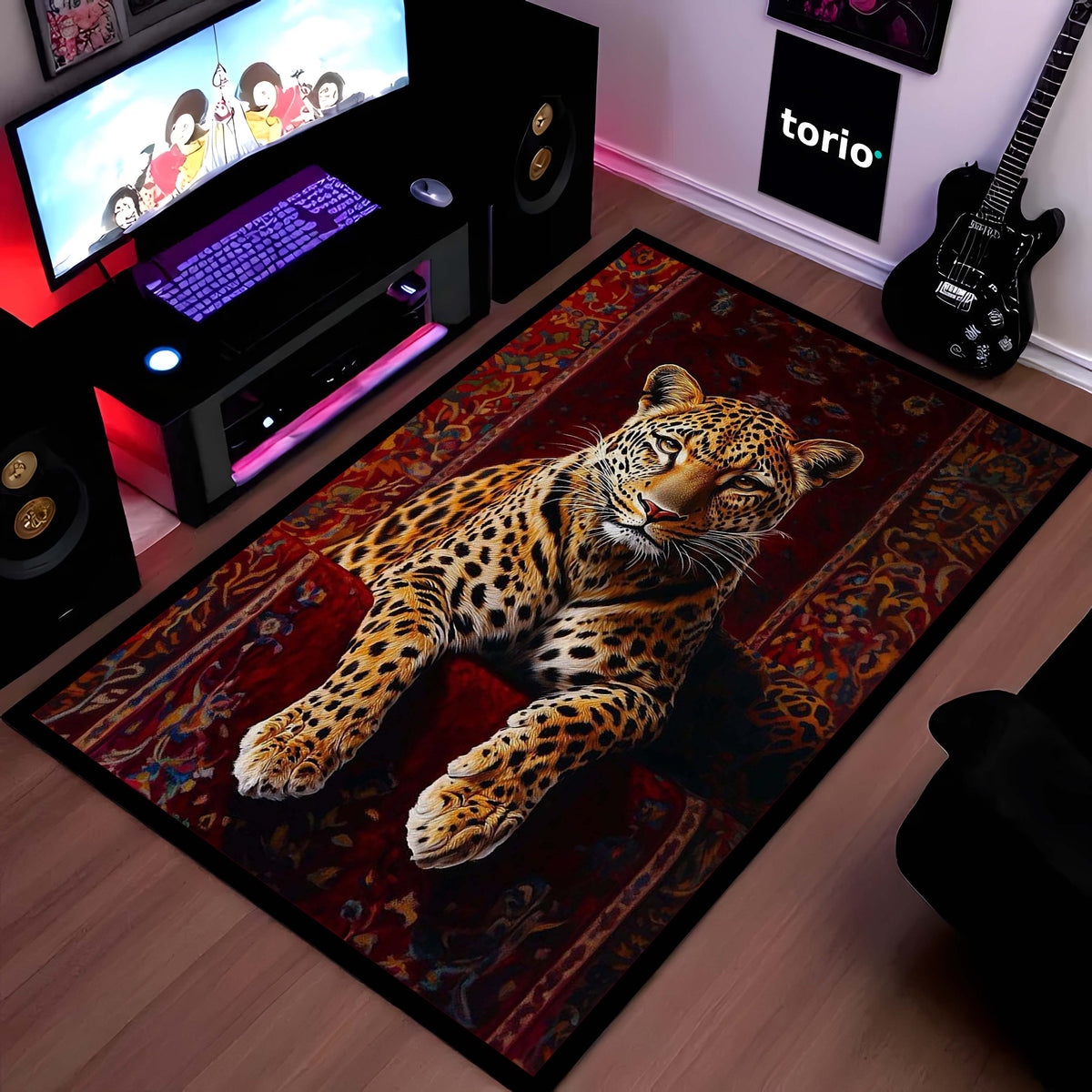 Leopard Luxury Area Flat Rug | Wild Animal Floor Mat on Persian Carpet Design | Premium Aesthetic Flat Rug for Bedroom, Living Room & Modern Home Decor