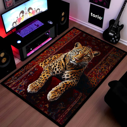 Leopard Luxury Area Flat Rug | Wild Animal Floor Mat on Persian Carpet Design | Premium Aesthetic Flat Rug for Bedroom, Living Room & Modern Home Decor