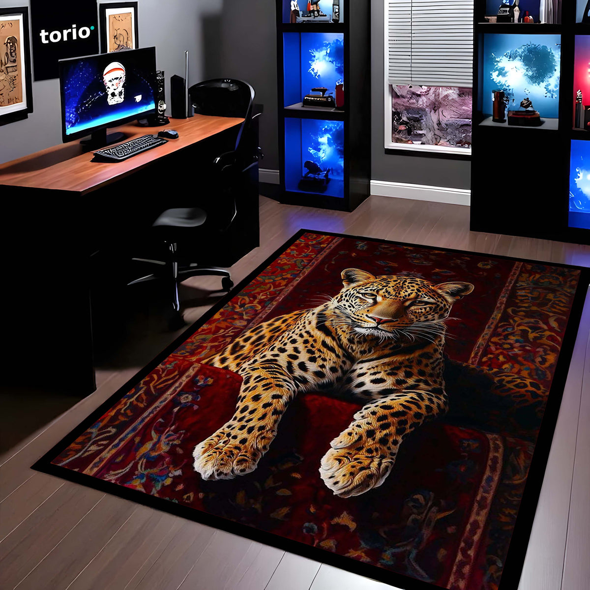 Leopard Luxury Area Flat Rug | Wild Animal Floor Mat on Persian Carpet Design | Premium Aesthetic Flat Rug for Bedroom, Living Room & Modern Home Decor