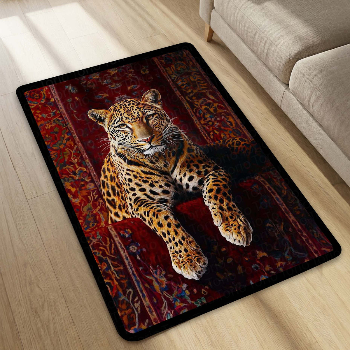 Leopard Luxury Area Flat Rug | Wild Animal Floor Mat on Persian Carpet Design | Premium Aesthetic Flat Rug for Bedroom, Living Room & Modern Home Decor