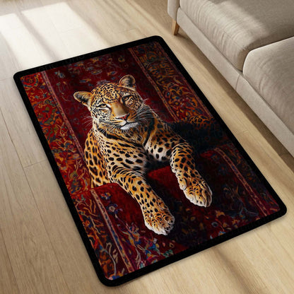 Leopard Luxury Area Flat Rug | Wild Animal Floor Mat on Persian Carpet Design | Premium Aesthetic Flat Rug for Bedroom, Living Room & Modern Home Decor