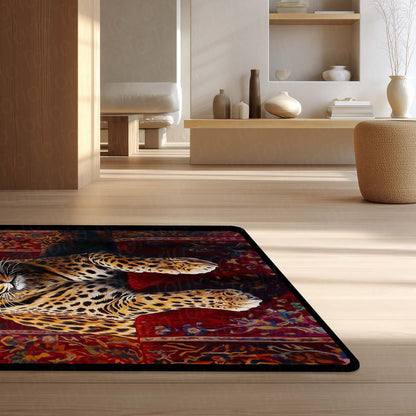Leopard Luxury Area Flat Rug | Wild Animal Floor Mat on Persian Carpet Design | Premium Aesthetic Flat Rug for Bedroom, Living Room & Modern Home Decor