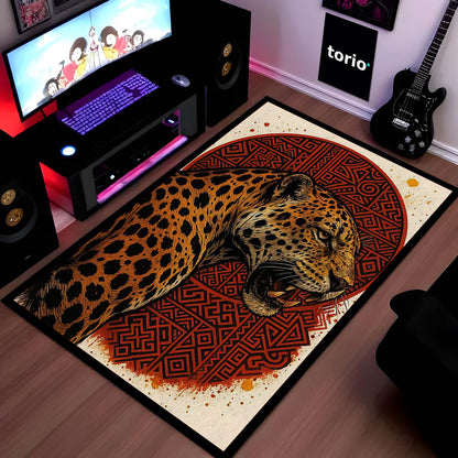 Leopard Tribal Art Area Flat Rug | Fierce Wild Animal Floor Mat with Red Geometric Design | Premium Aesthetic Flat Rug for Bedroom, Living Room & Gaming Setup