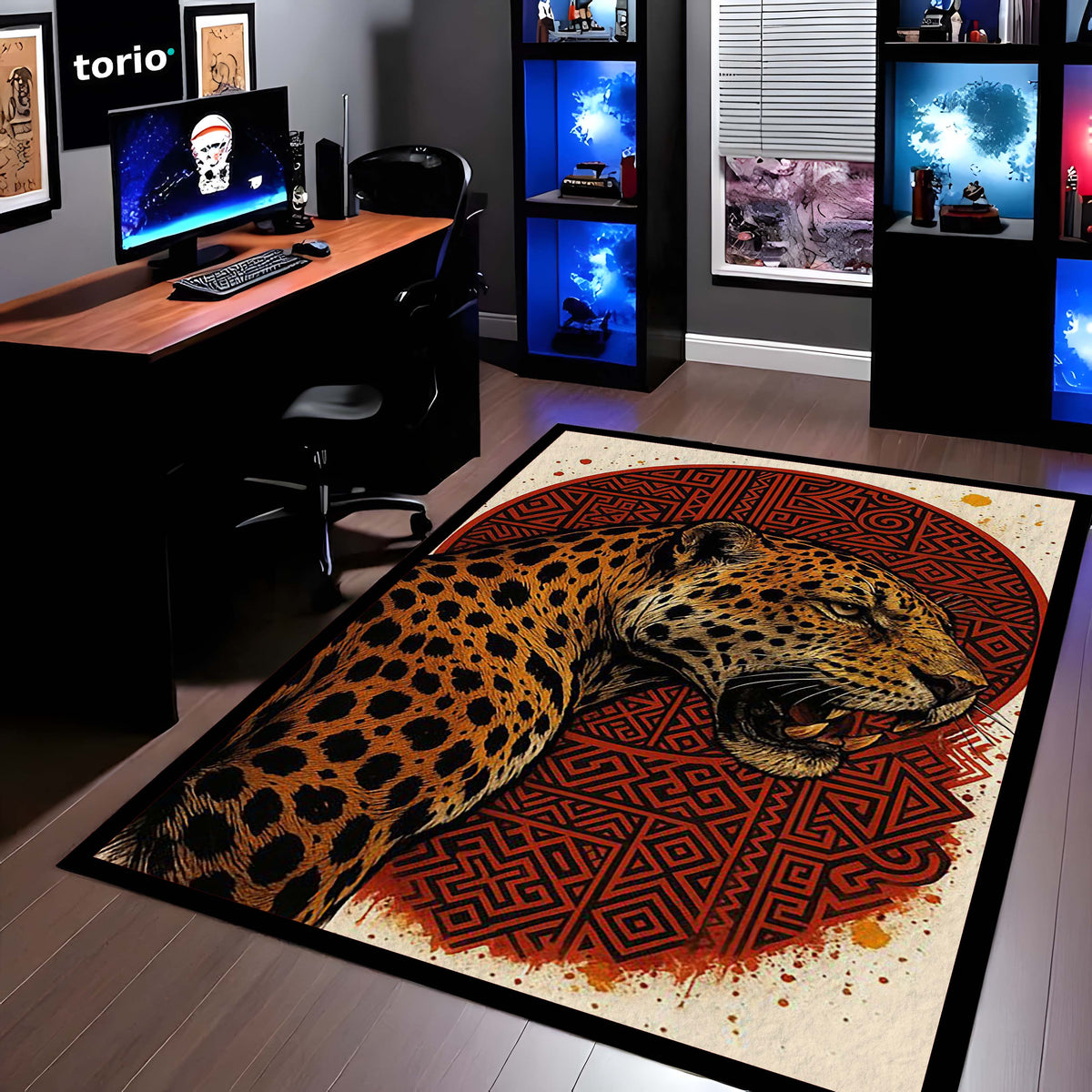 Leopard Tribal Art Area Flat Rug | Fierce Wild Animal Floor Mat with Red Geometric Design | Premium Aesthetic Flat Rug for Bedroom, Living Room & Gaming Setup