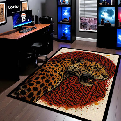 Leopard Tribal Art Area Flat Rug | Fierce Wild Animal Floor Mat with Red Geometric Design | Premium Aesthetic Flat Rug for Bedroom, Living Room & Gaming Setup