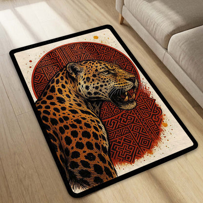 Leopard Tribal Art Area Flat Rug | Fierce Wild Animal Floor Mat with Red Geometric Design | Premium Aesthetic Flat Rug for Bedroom, Living Room & Gaming Setup