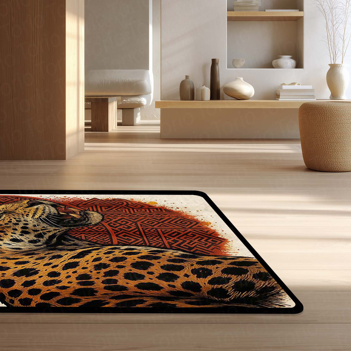 Leopard Tribal Art Area Flat Rug | Fierce Wild Animal Floor Mat with Red Geometric Design | Premium Aesthetic Flat Rug for Bedroom, Living Room & Gaming Setup