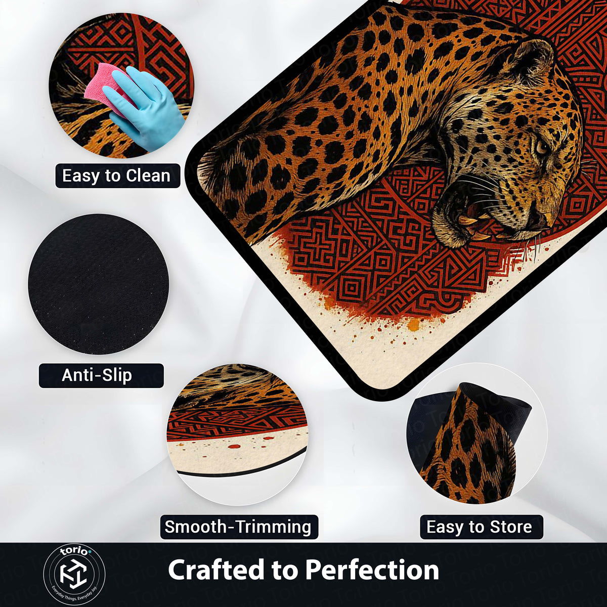 Leopard Tribal Art Area Flat Rug | Fierce Wild Animal Floor Mat with Red Geometric Design | Premium Aesthetic Flat Rug for Bedroom, Living Room & Gaming Setup