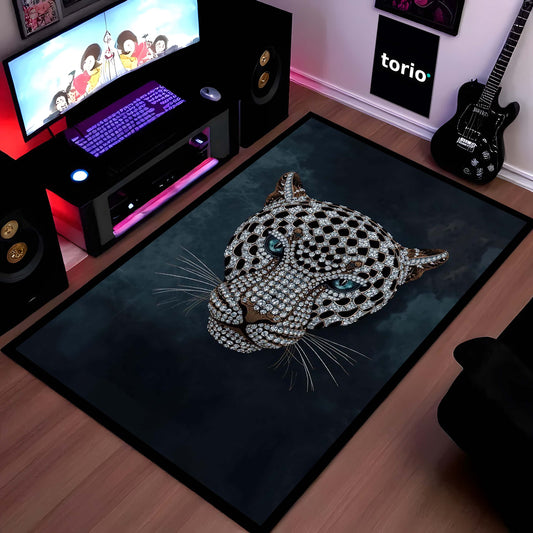 Luxurious Jeweled Leopard Head Area Flat Rug | Crystal-Studded Big Cat Floor Mat | Modern Glamour Decor for Living Room, Bedroom & Luxury Interior Styling