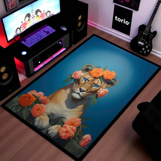 Floral Lion Art Floor Mat (3 mm Thick) | Artistic Lioness Round Flat Rug for Living Room, Bedroom, Studio & Aesthetic Home Decor