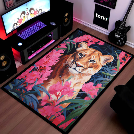 Floral Lion Art Floor Mat (3 mm Thick) | Artistic Lioness Round Flat Rug for Living Room, Bedroom, Studio & Aesthetic Home Decor 01