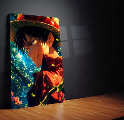 Anime Metal Poster | Monkey D. Luffy Forest Glow Metal Poster | One Piece Anime Wall Art | Premium Straw Hat Pirate Metal Print