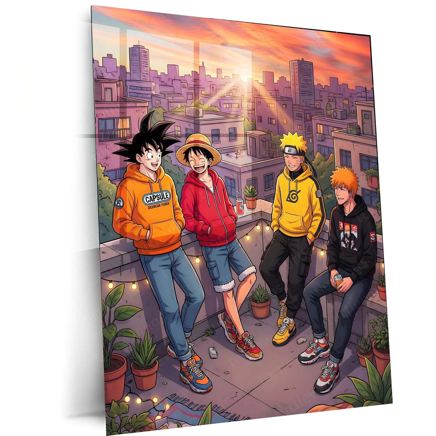Anime Friends Rooftop Metal Poster | Luffy Naruto Goku Ichigo Chill Scene Wall Art | Anime Aesthetic City Sunset Frame - TURTLEWINGS