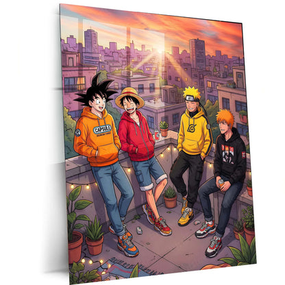 Anime Friends Rooftop Metal Poster | Luffy Naruto Goku Ichigo Chill Scene Wall Art | Anime Aesthetic City Sunset Frame - TURTLEWINGS
