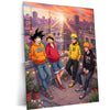 Anime Friends Rooftop Metal Poster | Luffy Naruto Goku Ichigo Chill Scene Wall Art | Anime Aesthetic City Sunset Frame