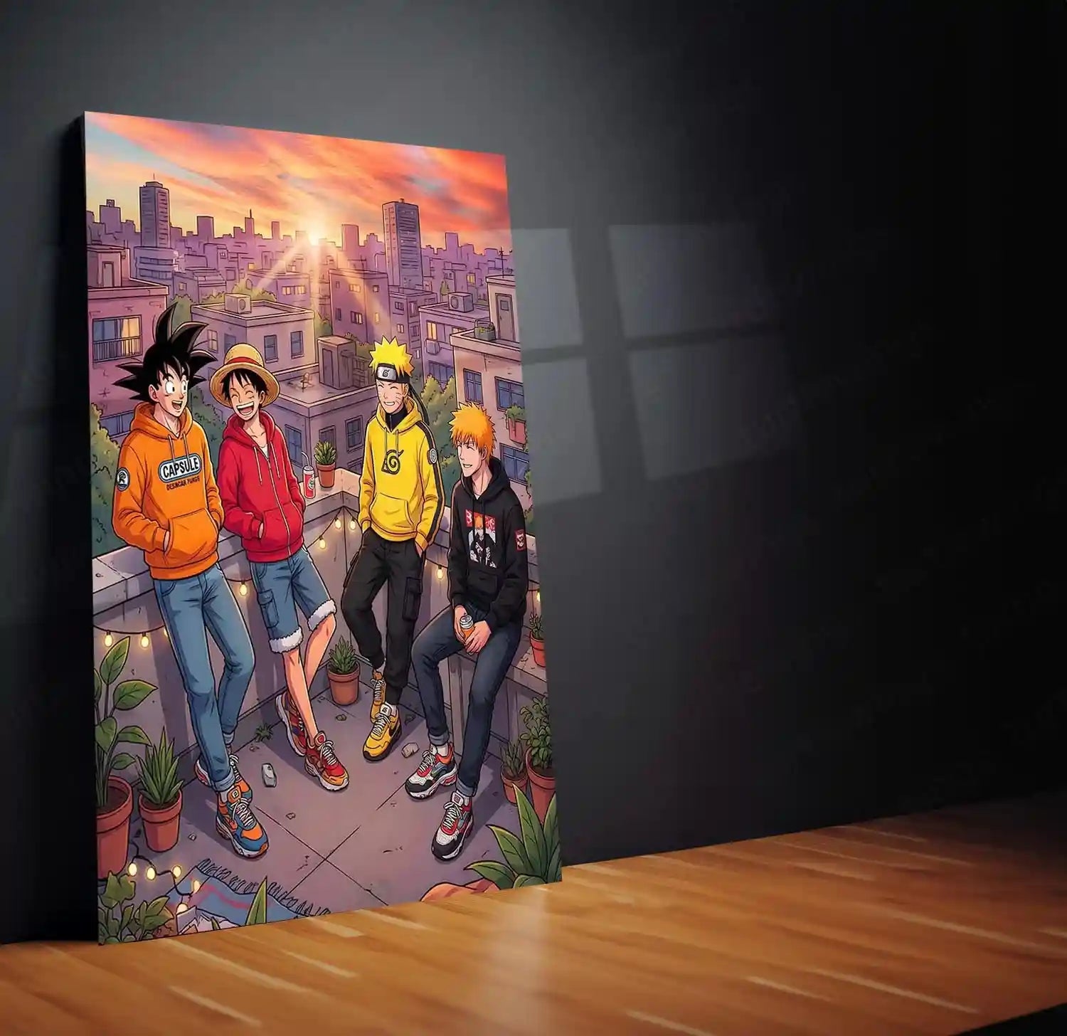 Anime Friends Rooftop Metal Poster | Luffy Naruto Goku Ichigo Chill Scene Wall Art | Anime Aesthetic City Sunset Frame - TURTLEWINGS
