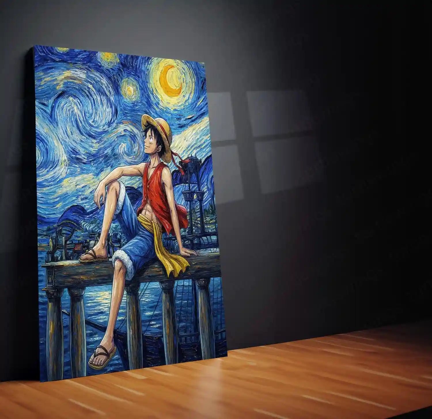 Luffy Starry Night Metal Poster | One Piece Artistic Wall Art | Van Gogh Style Anime Frame | Aesthetic Anime Room Decor - TURTLEWINGS