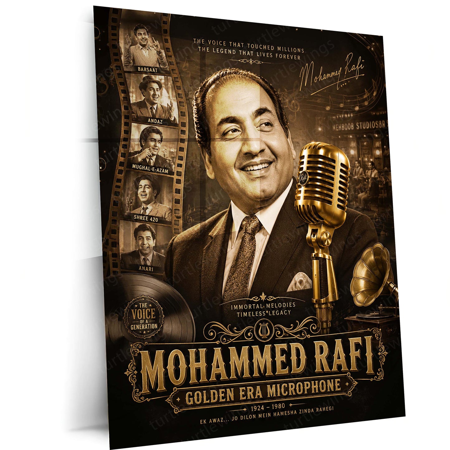 Mohammed Rafi – Golden Era Microphone | Vintage Bollywood Music Metal Frame | Timeless Melody Wall Art by TurtleWings