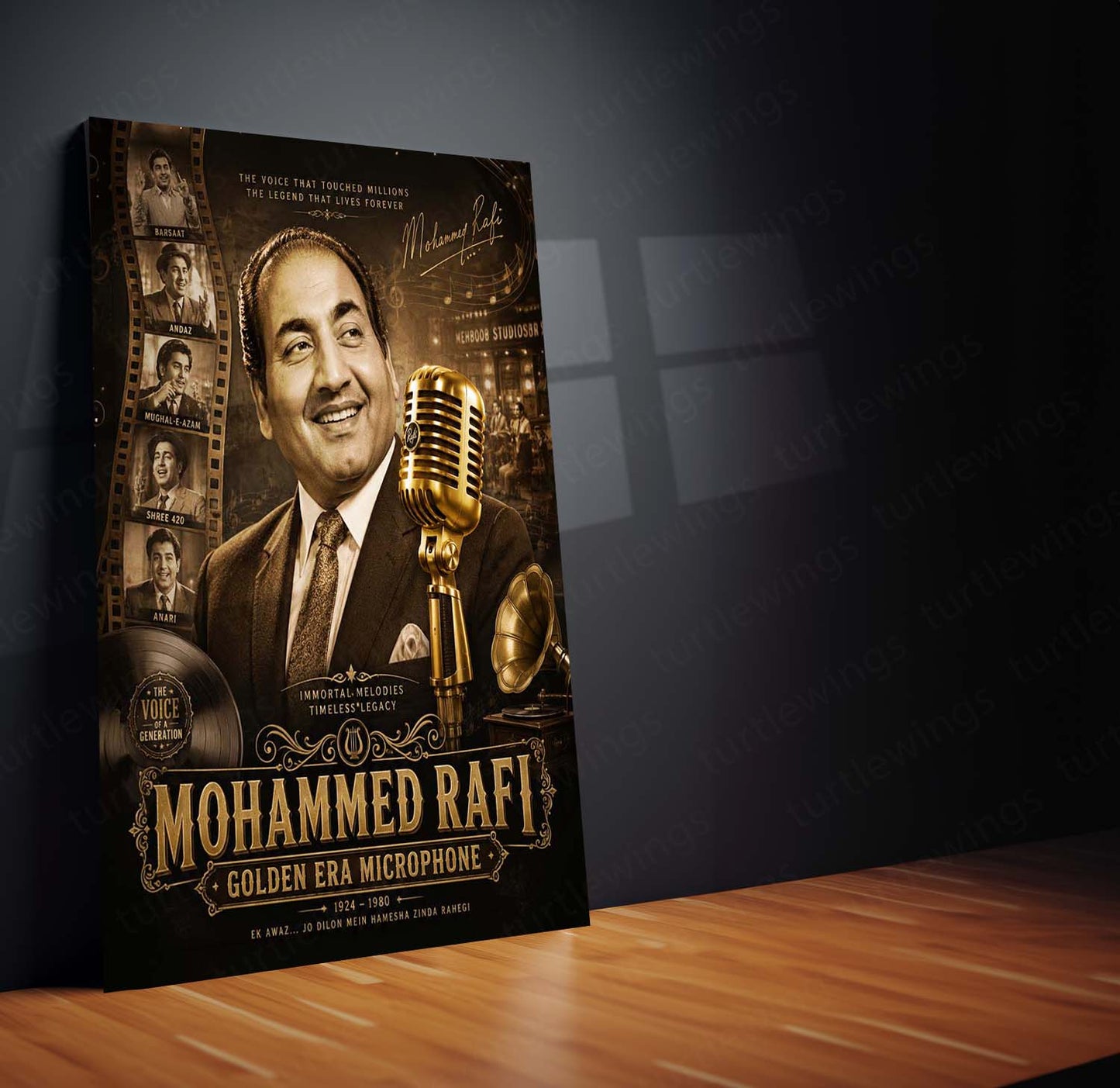 Mohammed Rafi – Golden Era Microphone | Vintage Bollywood Music Metal Frame | Timeless Melody Wall Art by TurtleWings