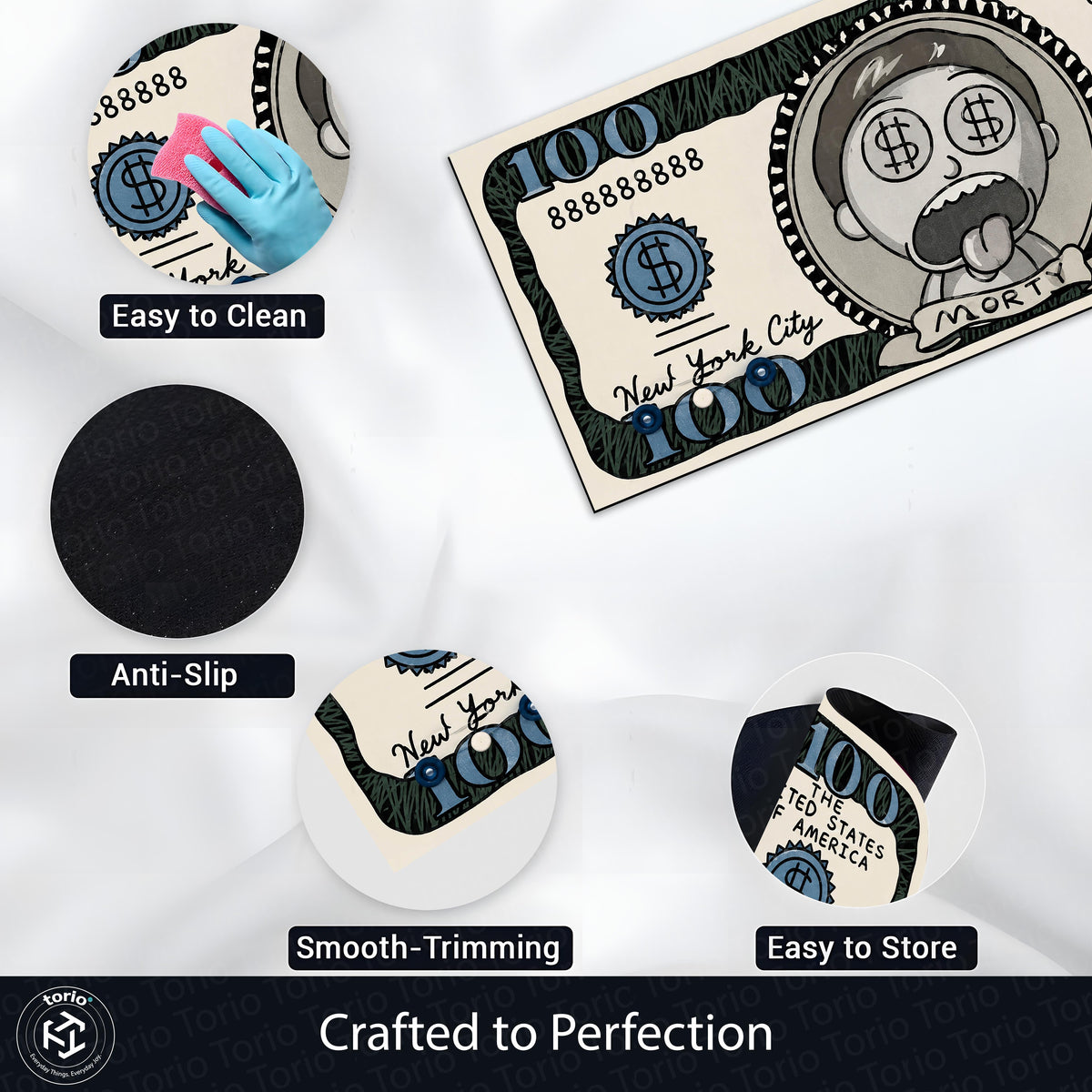 Morty Smith Money Note Flat Rug | Rick and Morty Cartoon Dollar Bill Inspired Bedroom Flat Rug for Gaming Room & Pop Culture Decor