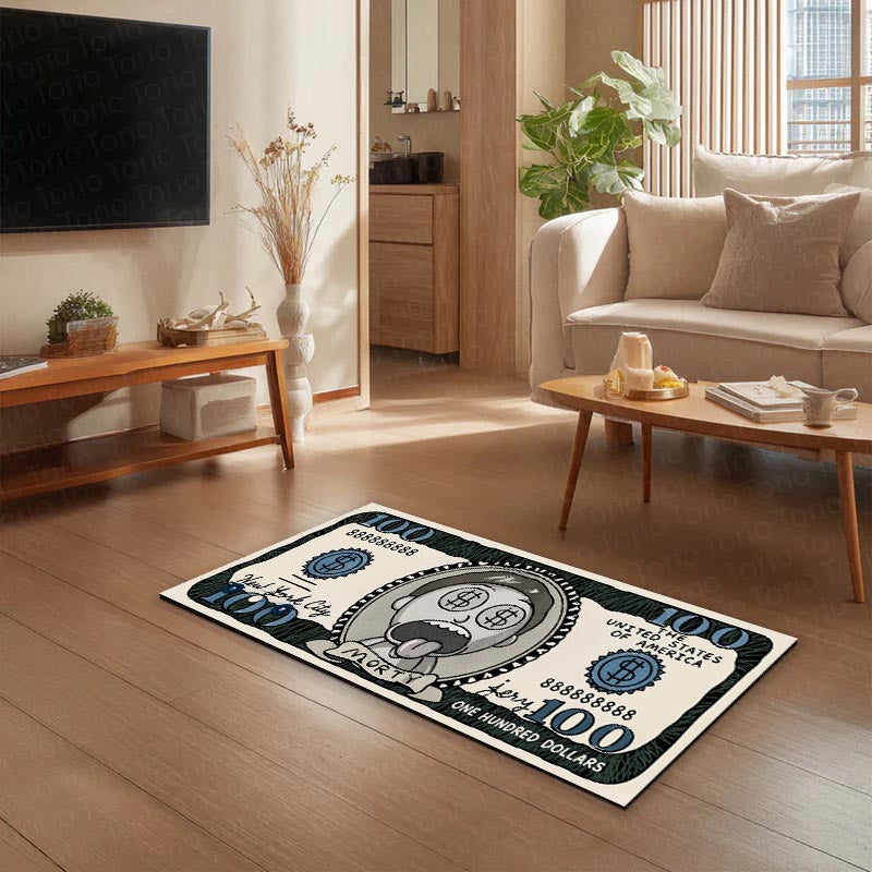 Morty Smith Money Note Flat Rug | Rick and Morty Cartoon Dollar Bill Inspired Bedroom Flat Rug for Gaming Room & Pop Culture Decor