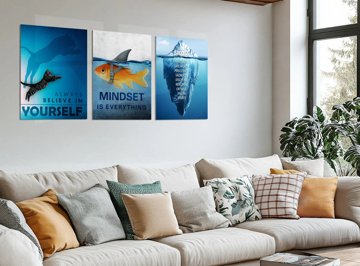 Motivational Metal Poster Set of 3 – Yourself | Mindset | Success | Inspirational Wall Art Décor - TURTLEWINGS