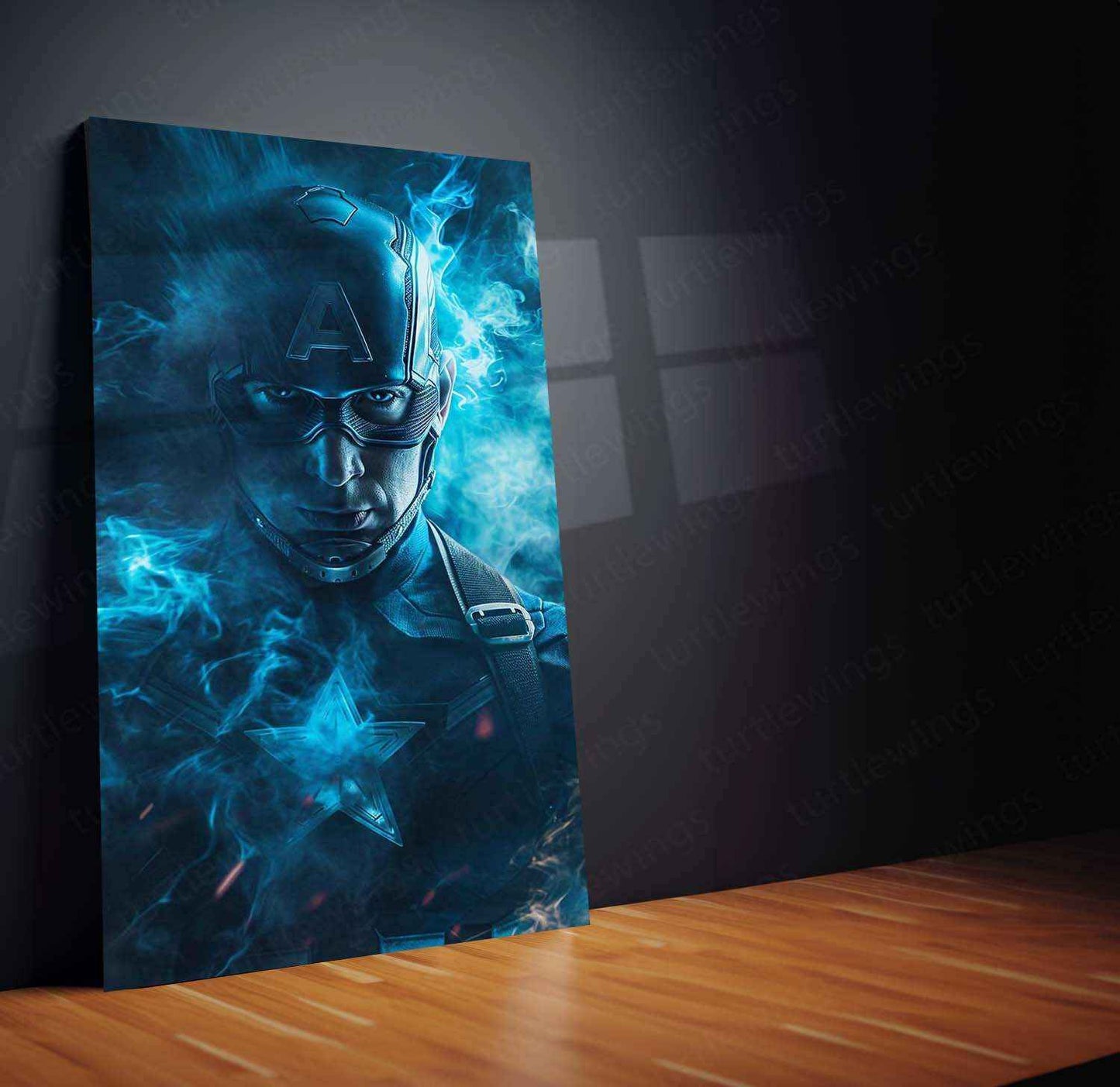 Captain America – Blue Smoke Effects with Cosmic Background Metal Poster by Mundex - TURTLEWINGS