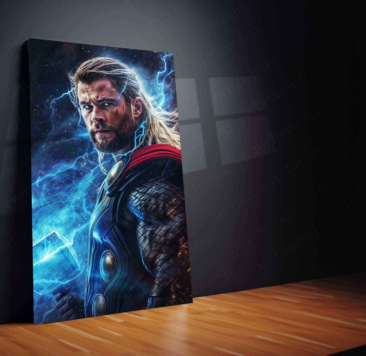 Thor Holding Thor's Hammer with Lightning - Digital Artwork Print - TURTLEWINGS