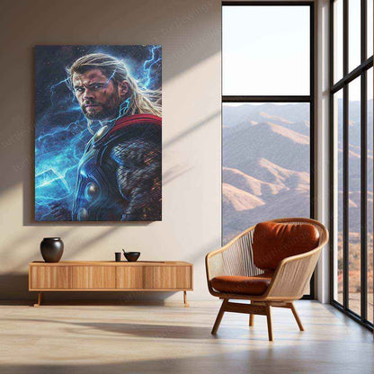 Thor Holding Thor's Hammer with Lightning - Digital Artwork Print - TURTLEWINGS