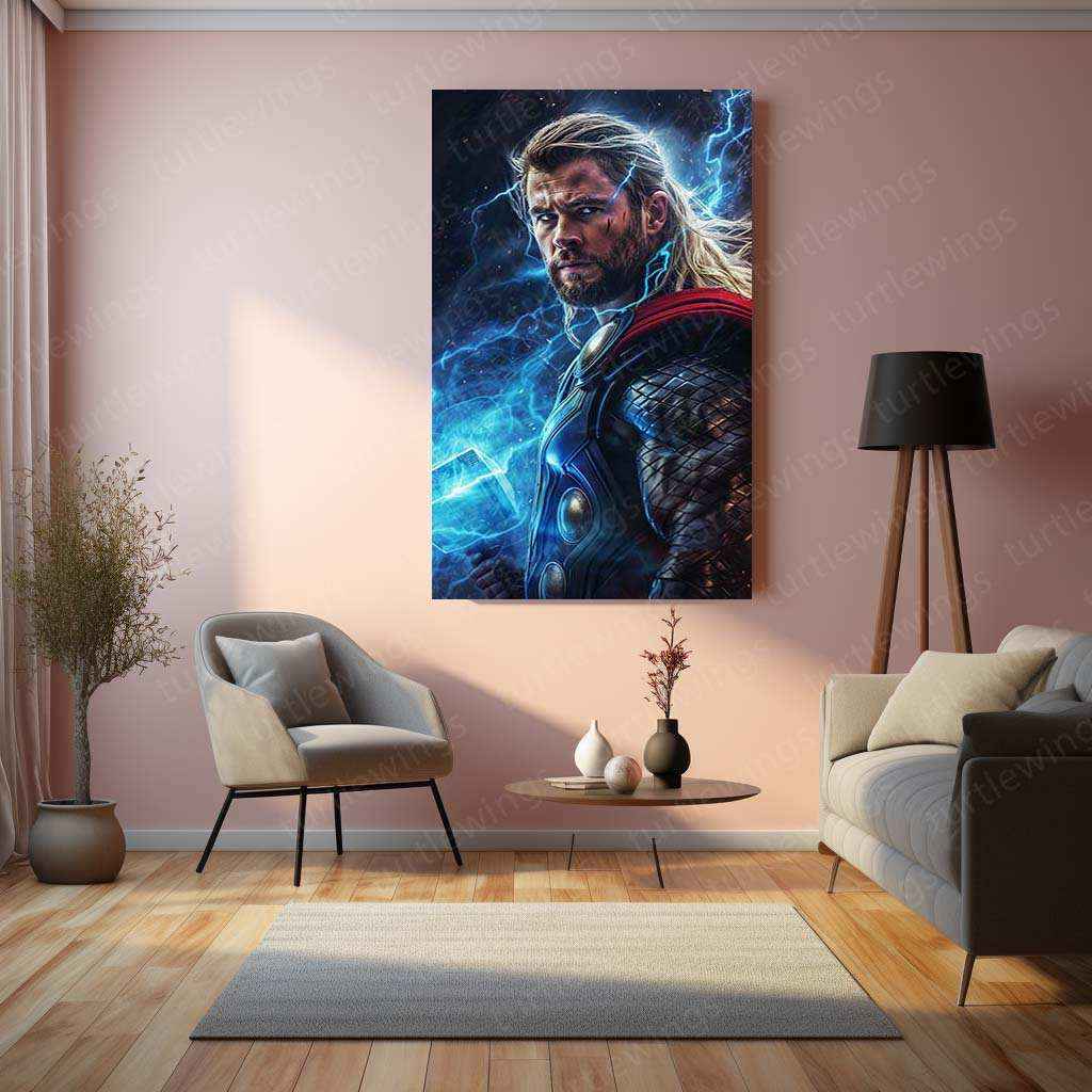 Thor Holding Thor's Hammer with Lightning - Digital Artwork Print - TURTLEWINGS