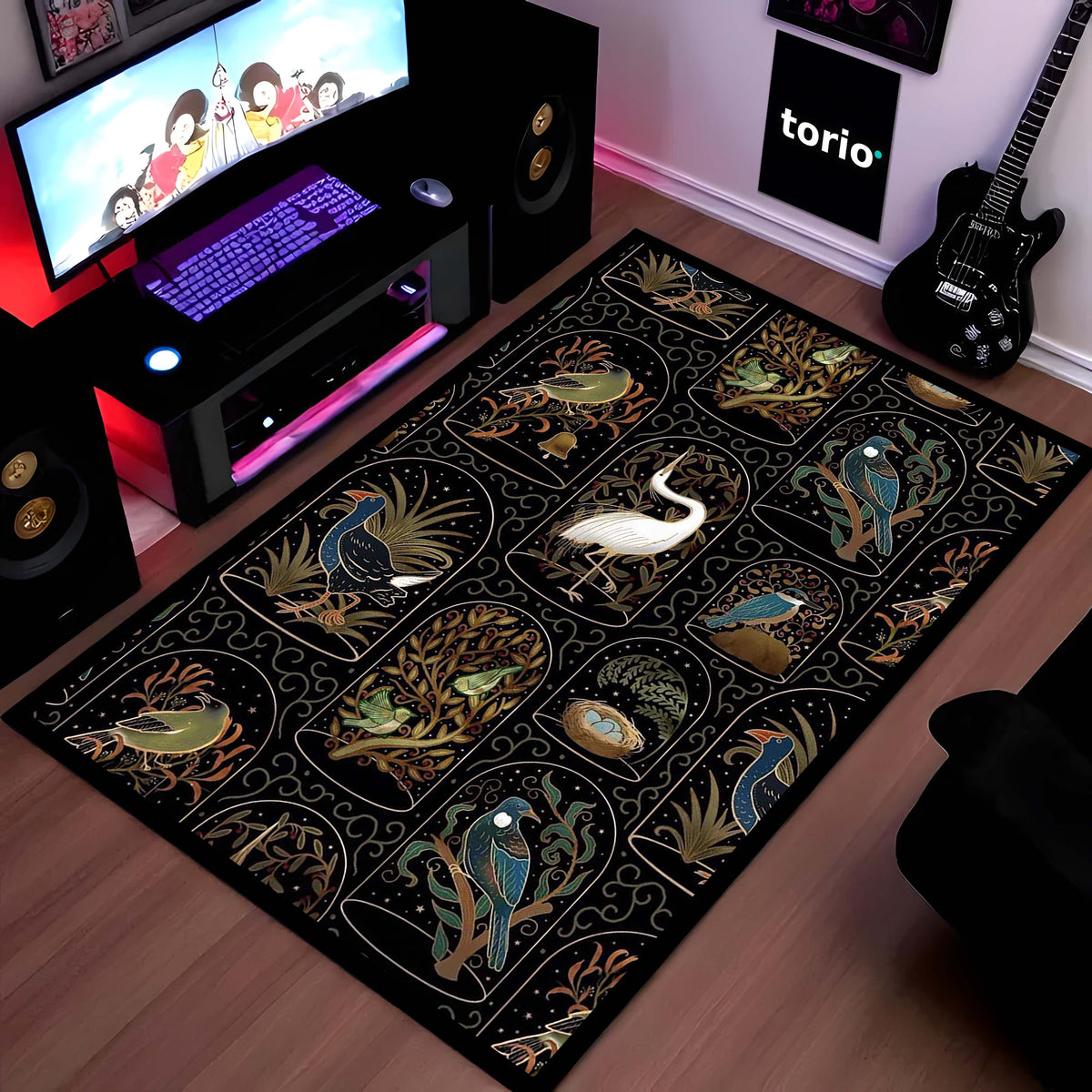 Botanical Nature Illustration Area Flat Rug | Whimsical Floral & Leaf Pattern Floor Mat | Artistic Decorative Flat Rug for Living Room, Nursery & Bedroom Decor