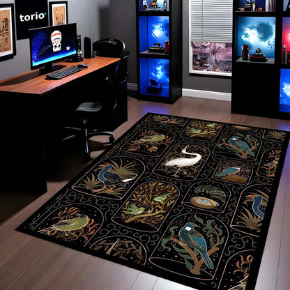 Botanical Nature Illustration Area Flat Rug | Whimsical Floral & Leaf Pattern Floor Mat | Artistic Decorative Flat Rug for Living Room, Nursery & Bedroom Decor