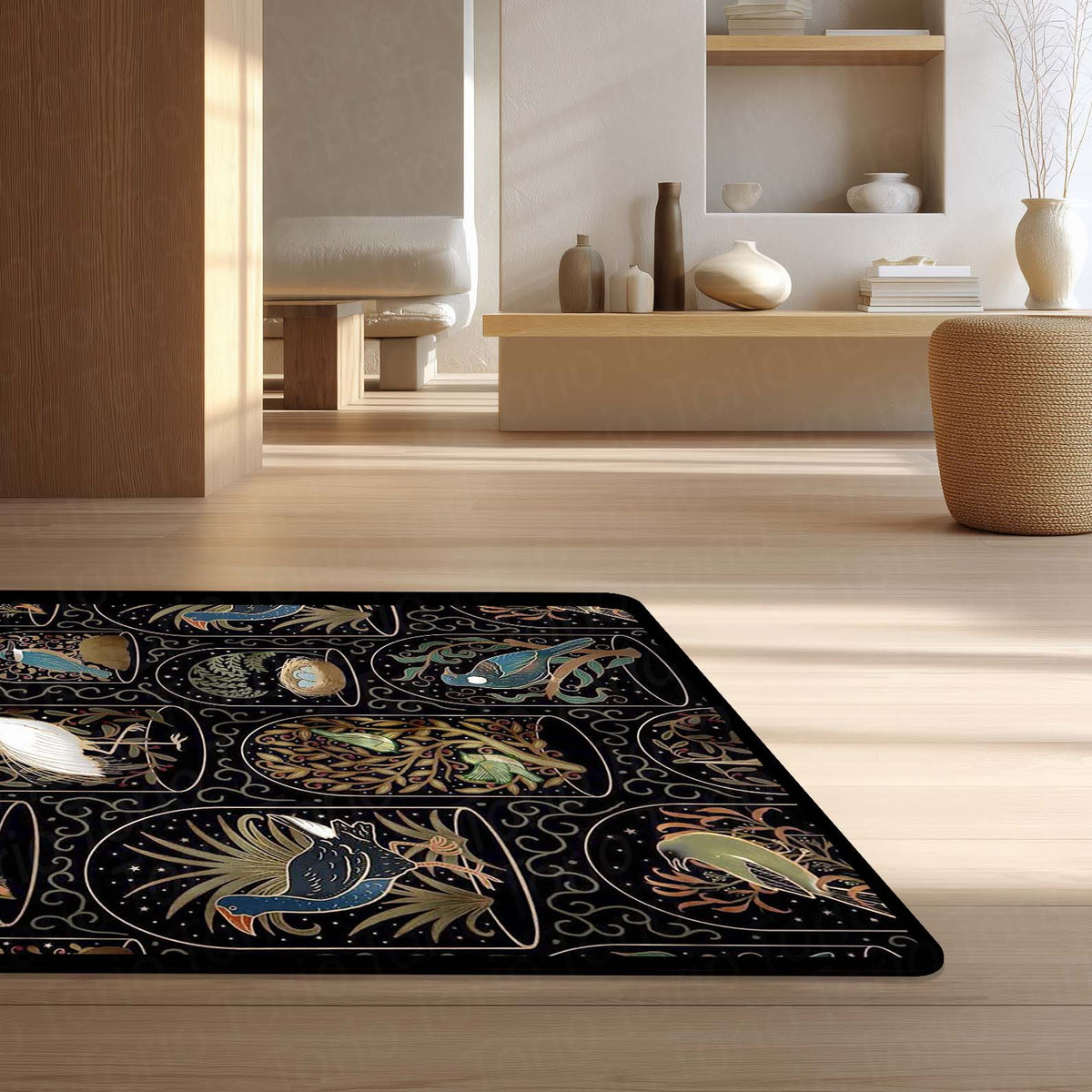 Botanical Nature Illustration Area Flat Rug | Whimsical Floral & Leaf Pattern Floor Mat | Artistic Decorative Flat Rug for Living Room, Nursery & Bedroom Decor