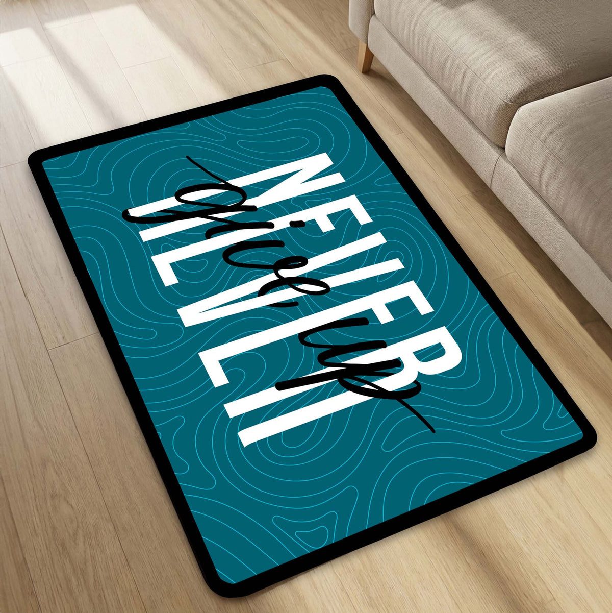 Never Give Up Floor Mat (3 mm Thick) | Minimal Motivational Quote Flat Rug for Bedroom, Office & Workout Spaces