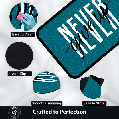 Never Give Up Floor Mat (3 mm Thick) | Minimal Motivational Quote Flat Rug for Bedroom, Office & Workout Spaces