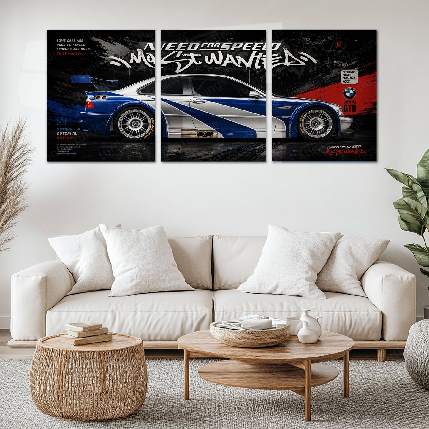 Car Metal Poster Set of 3 | BMW M3 GTR Need for Speed Most Wanted Triptych Wall Art