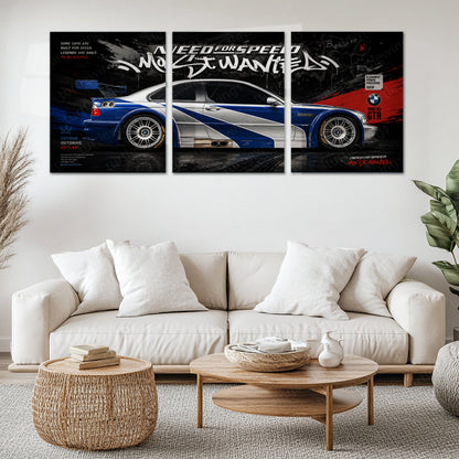 Car Metal Poster Set of 3 | BMW M3 GTR Need for Speed Most Wanted Triptych Wall Art