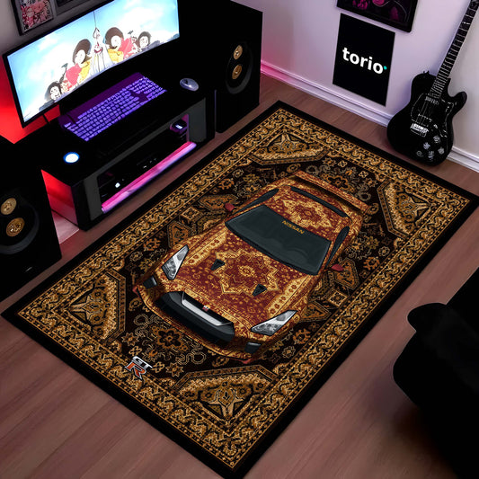 Nissan GT-R Persian Heritage Area Flat Rug | Luxury Sports Car Floor Mat | Vintage Oriental Carpet Style Flat Rug for Bedroom, Gaming Room & Car Enthusiast Decor