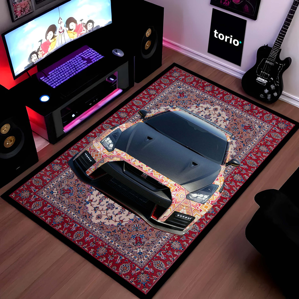 Nissan GT-R R35 Front View Floor Mat | Persian Carpet Style JDM Supercar Flat Rug | Anti-Slip 3mm Absorbent Performance Car Design Mat for Home, Office & Studio