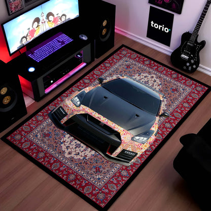 Nissan GT-R R35 Front View Floor Mat | Persian Carpet Style JDM Supercar Flat Rug | Anti-Slip 3mm Absorbent Performance Car Design Mat for Home, Office & Studio