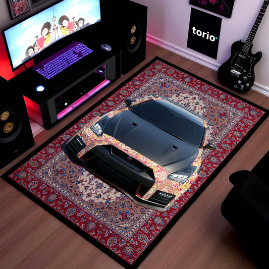 Nissan GT-R R35 Front View Floor Mat | Persian Carpet Style JDM Supercar Flat Rug | Anti-Slip 3mm Absorbent Performance Car Design Mat for Home, Office & Studio