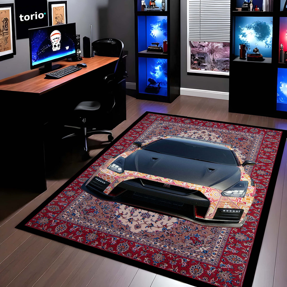 Nissan GT-R R35 Front View Floor Mat | Persian Carpet Style JDM Supercar Flat Rug | Anti-Slip 3mm Absorbent Performance Car Design Mat for Home, Office & Studio