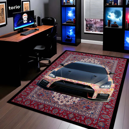 Nissan GT-R R35 Front View Floor Mat | Persian Carpet Style JDM Supercar Flat Rug | Anti-Slip 3mm Absorbent Performance Car Design Mat for Home, Office & Studio