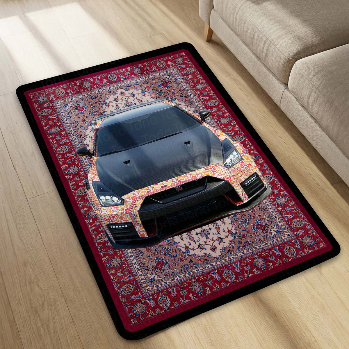 Nissan GT-R R35 Front View Floor Mat | Persian Carpet Style JDM Supercar Flat Rug | Anti-Slip 3mm Absorbent Performance Car Design Mat for Home, Office & Studio