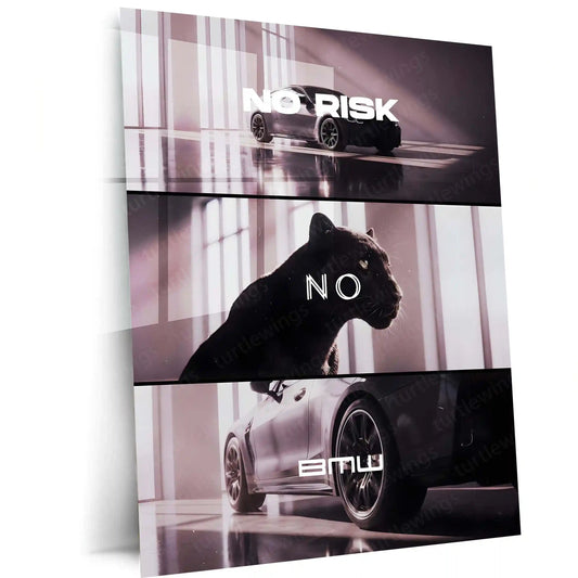 Quote Metal Poster | No Risk, No BMW Metal Frame Luxury Ambition Wall Art | Elite Hustle & High-Reward Mindset Quote Metal Poster 01 - TURTLEWINGS 