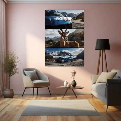 Quote Metal Poster | No Risk, No Corvette Metal Frame American Muscle Ambition Wall Art | Power, Freedom & High-Stakes Mindset Quote Metal Poster - TURTLEWINGS 