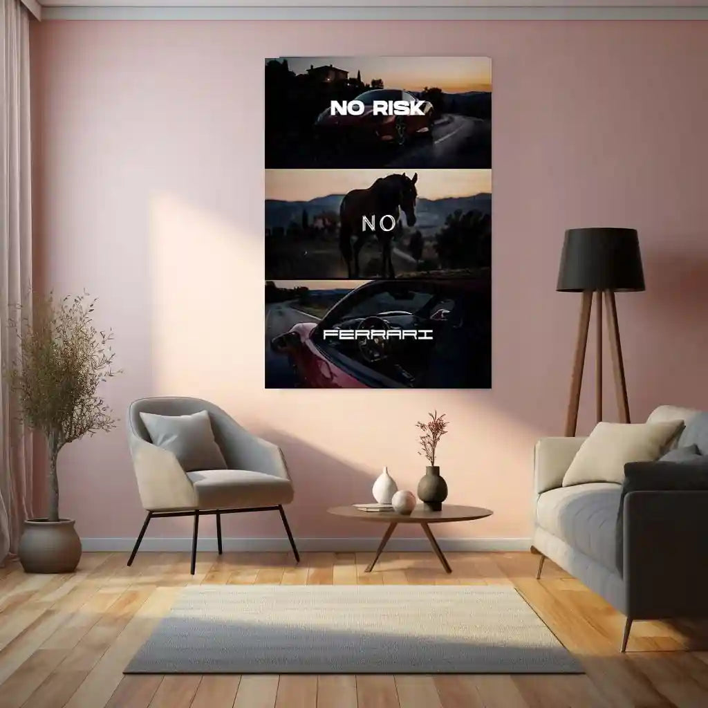 Quote Metal Poster | No Risk, No Ferrari Metal Frame Italian Performance Ambition Wall Art | Speed, Prestige & Elite Mindset Quote Metal Poster - TURTLEWINGS 