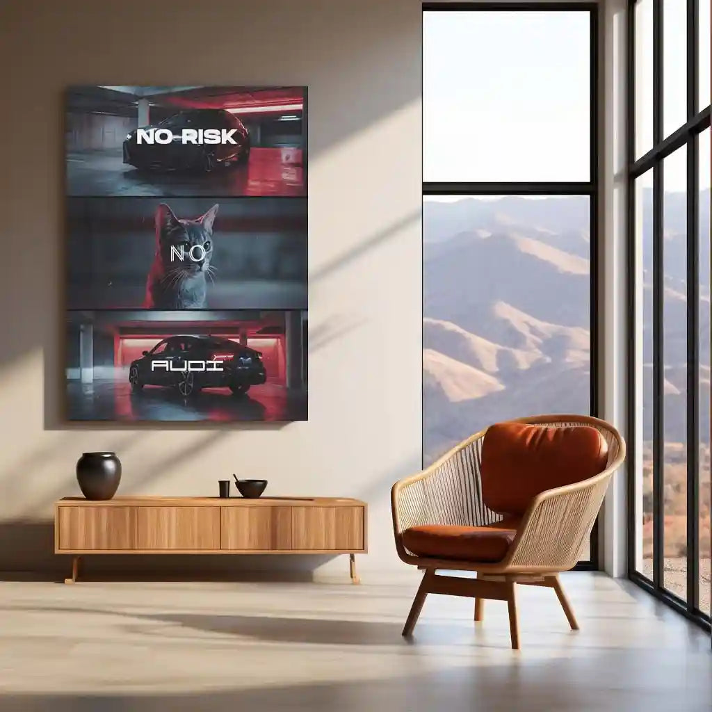 Quote Metal Poster | No Risk, No Audi Metal Frame Precision Performance & German Engineering Mindset Wall Art | Bold Decisions Luxury Car Quote Metal Poster - TURTLEWINGS 