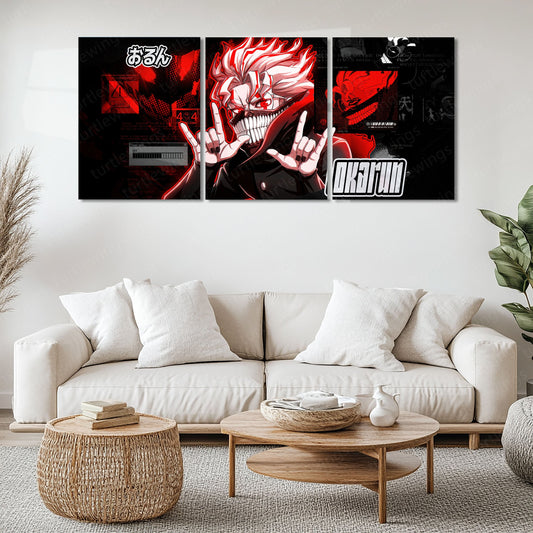 Anime Metal Poster Set of 3 | Okarun Dandadan Red Aura Triptych Wall Art