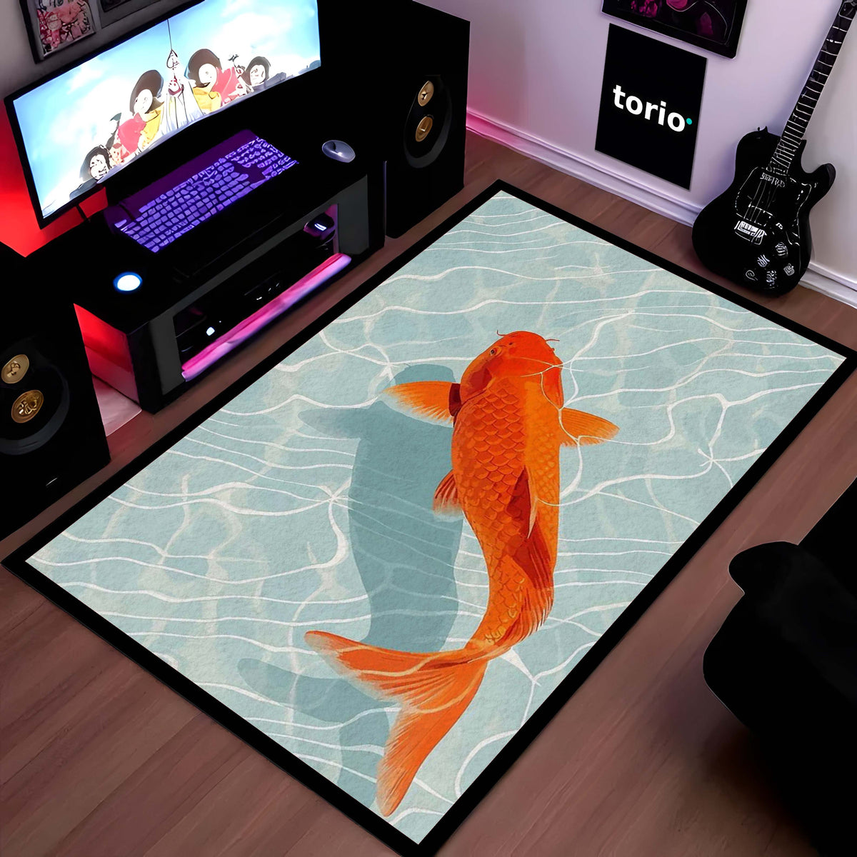 Japanese Koi Fish Area Flat Rug | Zen Orange Koi Pond Floor Mat | Aesthetic Nature Inspired Flat Rug | Minimalist Room Decor Carpet for Bedroom, Gaming Setup & Living Room